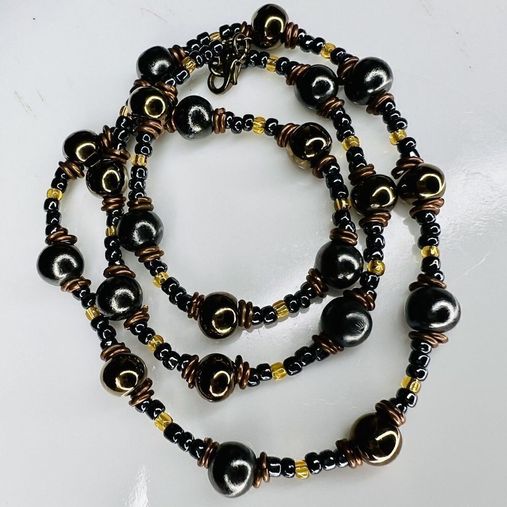 STUNNING Vintage Faux Pearl Black Brown Yellow Tone Beaded Beads Necklace 4021